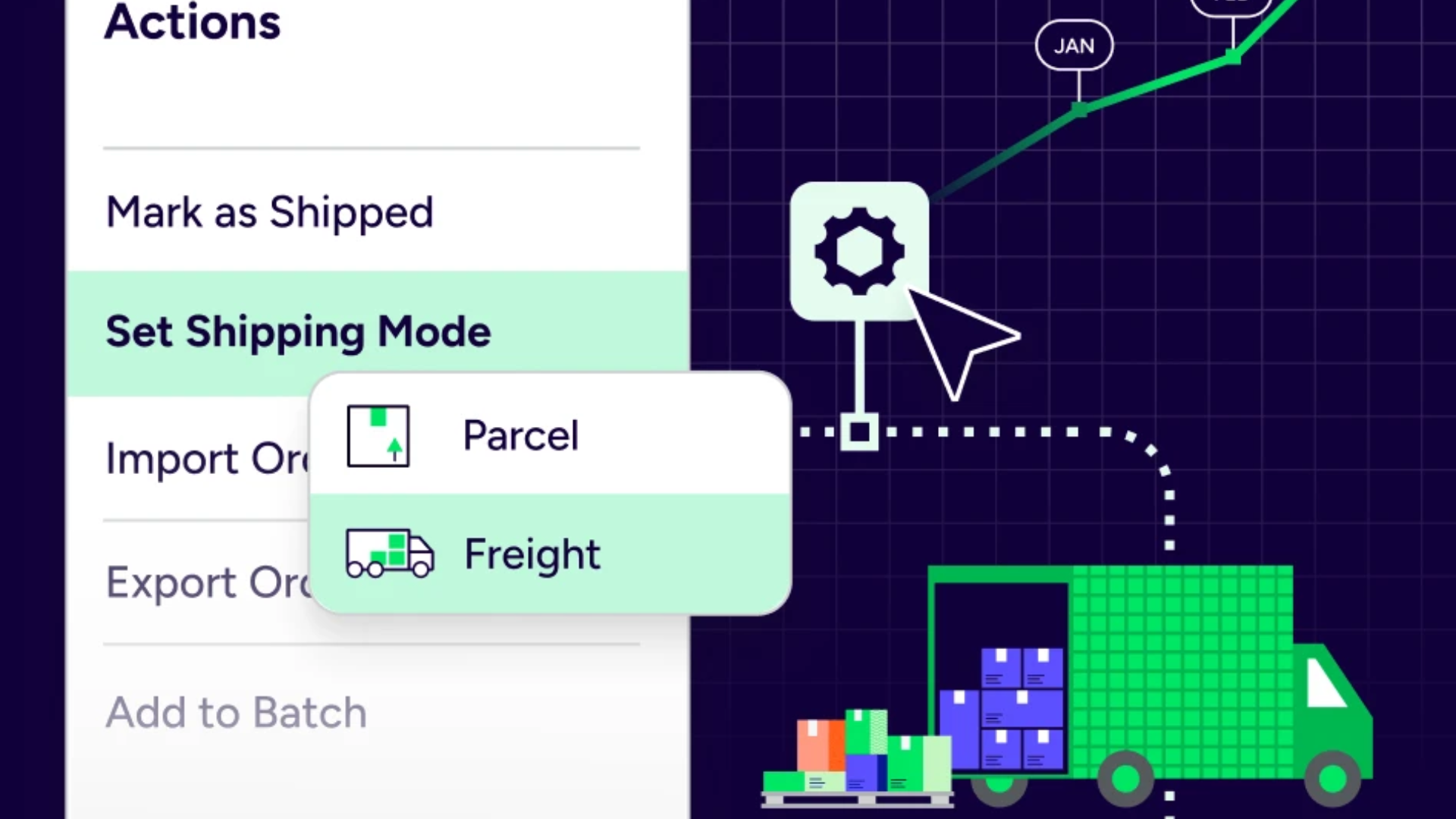 A mockup of ShipStation's user interface showing options for freight and parcel shipping on the homepage