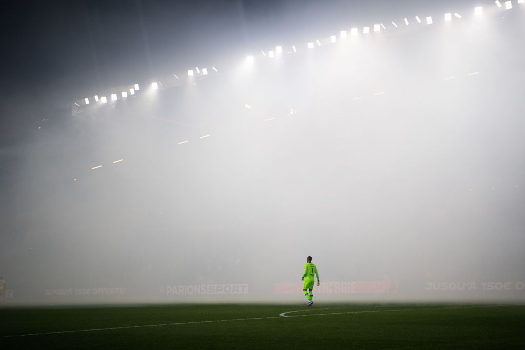 Nantes' French goalkeeper Alban Lafont walks on the pitch during the French L1 football match between FC Nantes and Paris-Saint Germain (PSG) at the Stade de la BeaujoireLouis Fonteneau, western France, on February 19, 2022.