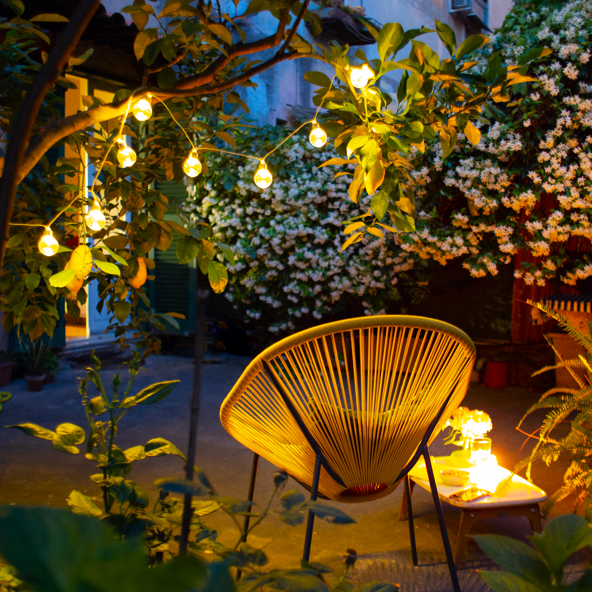 solar garden lighting with string lights hanging in a tree