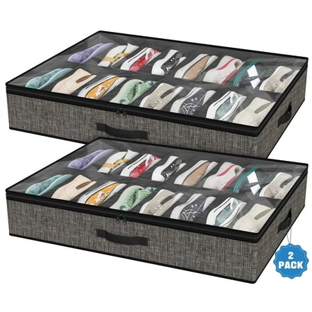 Acerichfad Under Bed Shoe Storage Organizer, 2 Pack 32 Pairs Foldable Under Bed Shoe Storage Organizer, Black