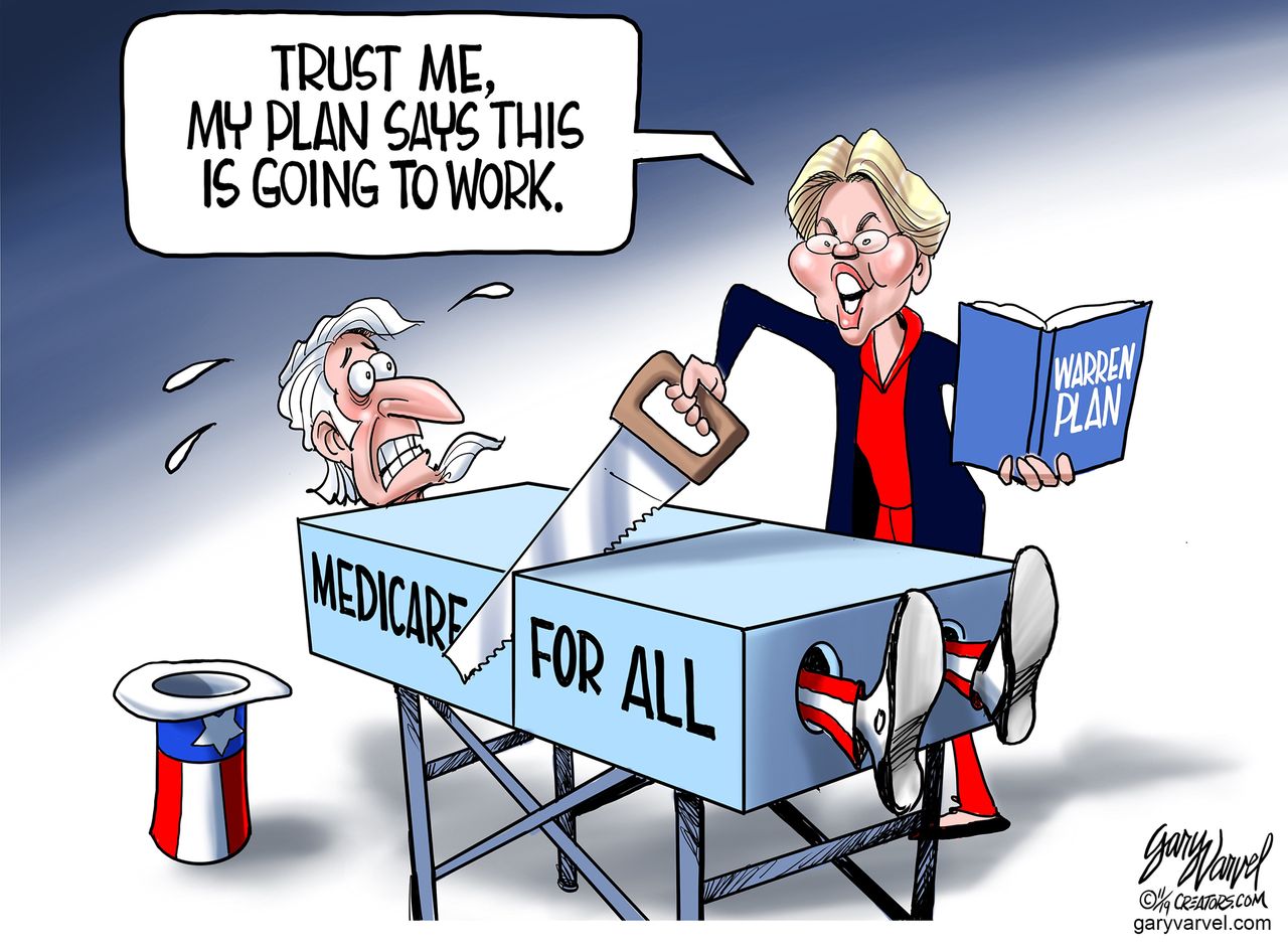 Political Cartoon U.S. Warren Medicare-for-all Plan Saw