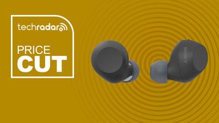 Sony WF-C710N Truly Wireless Noise-Canceling Earbuds in black on yellow background with TechRadar price cut sign