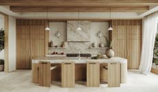 A kitchen with fluted cabinets
