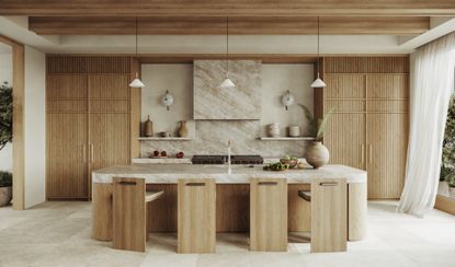 A kitchen with fluted cabinets