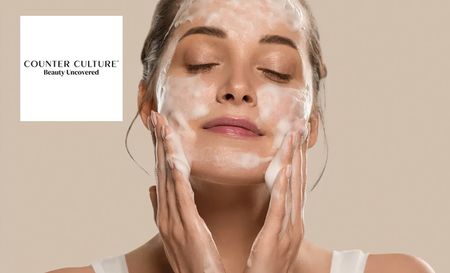 Counter Culture logo top left with am image of a woman scrubbing her face 