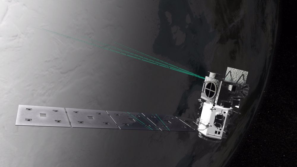 This artist&#039;s concept shows a representation of NASA&#039;s Ice, Cloud and land Elevation Satellite-2 (ICESat-2) and its six-beam scanning pattern.