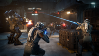 Human characters take cover and shoot at a drone while a large robot fires
