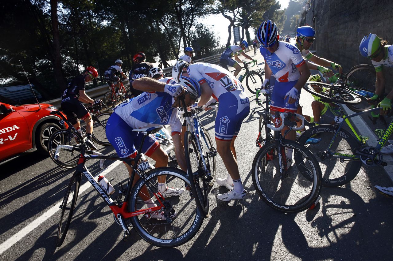 Arnaud Demare (FDJ) was caught up in a crash with 25k to go