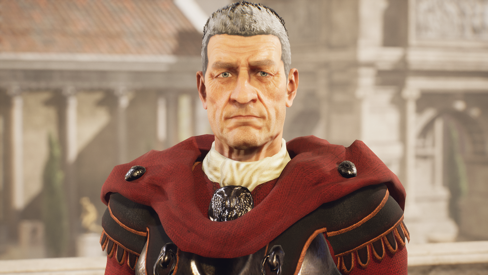 a screenshot from The Forgotten City, showing a Roman general looking at the player.