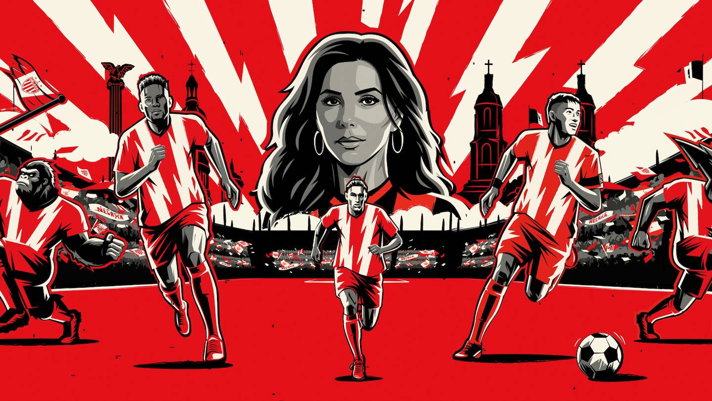 The poster for FX's Necaxa showing Eva Longoria and some football players.
