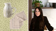 Magnolia home spring buys including a pitcher and dinner napkins on a green floral background next to a picture of Joanna Gaines in the kitchen