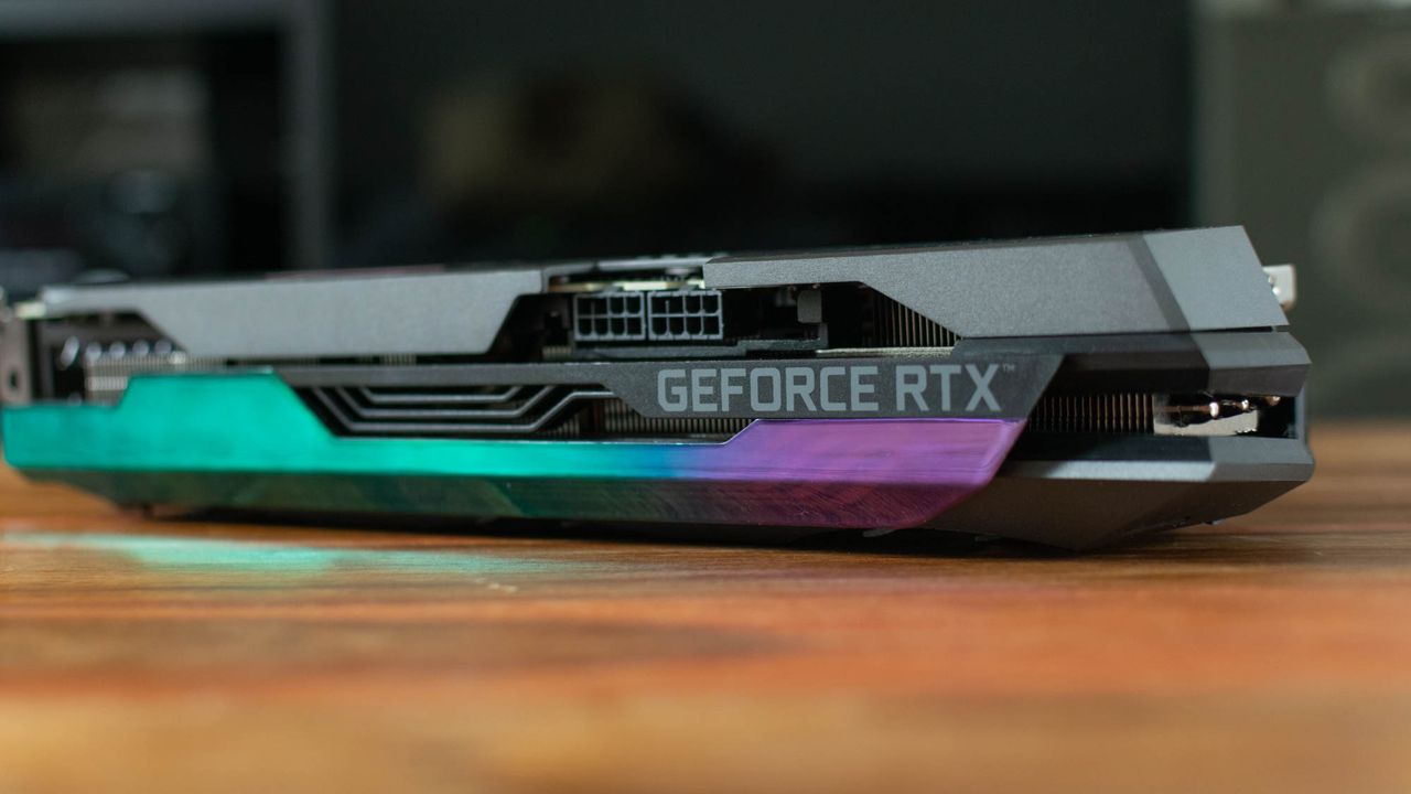 A photograph of the GeForce RTX branding on the Zotac GeForce RTX 3080 AMP Holo