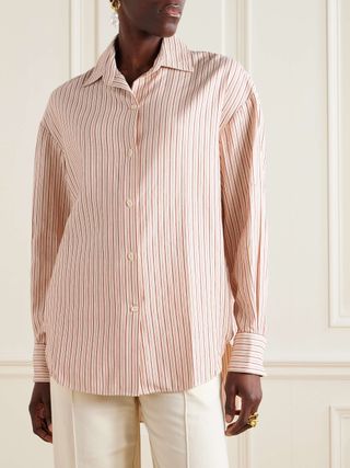 En Vau Embroidered Striped Organic Cotton-Blend Shirt