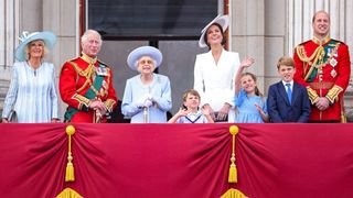 Camilla, Duchess of Cornwall, Prince Charles, Prince of Wales, Queen Elizabeth II, Prince Louis of Cambridge, Catherine, Duchess of Cambridge, Princess Charlotte of Cambridge, Prince George of Cambridge and Prince William, Duke of Cambridge on the balcony of Buckingham Palace