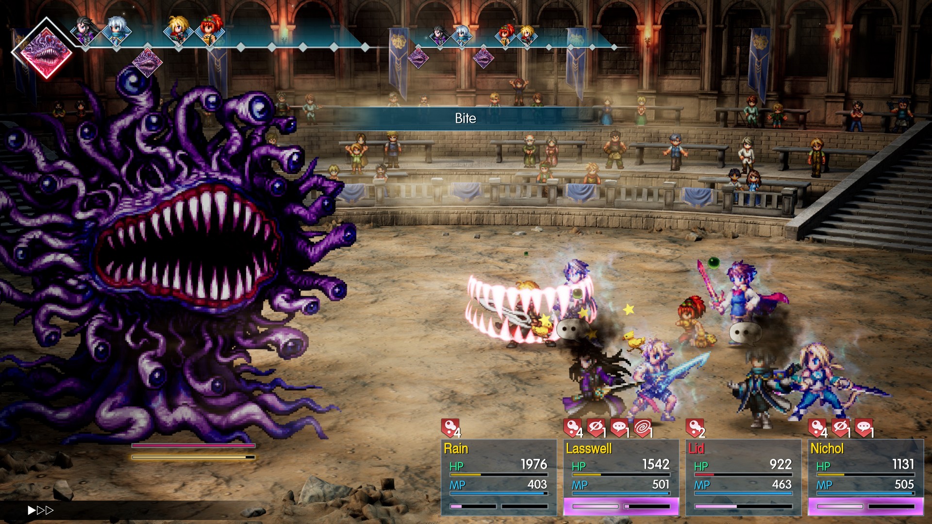 The party fights a huge malboro in Final Fantasy Resonance within an arena