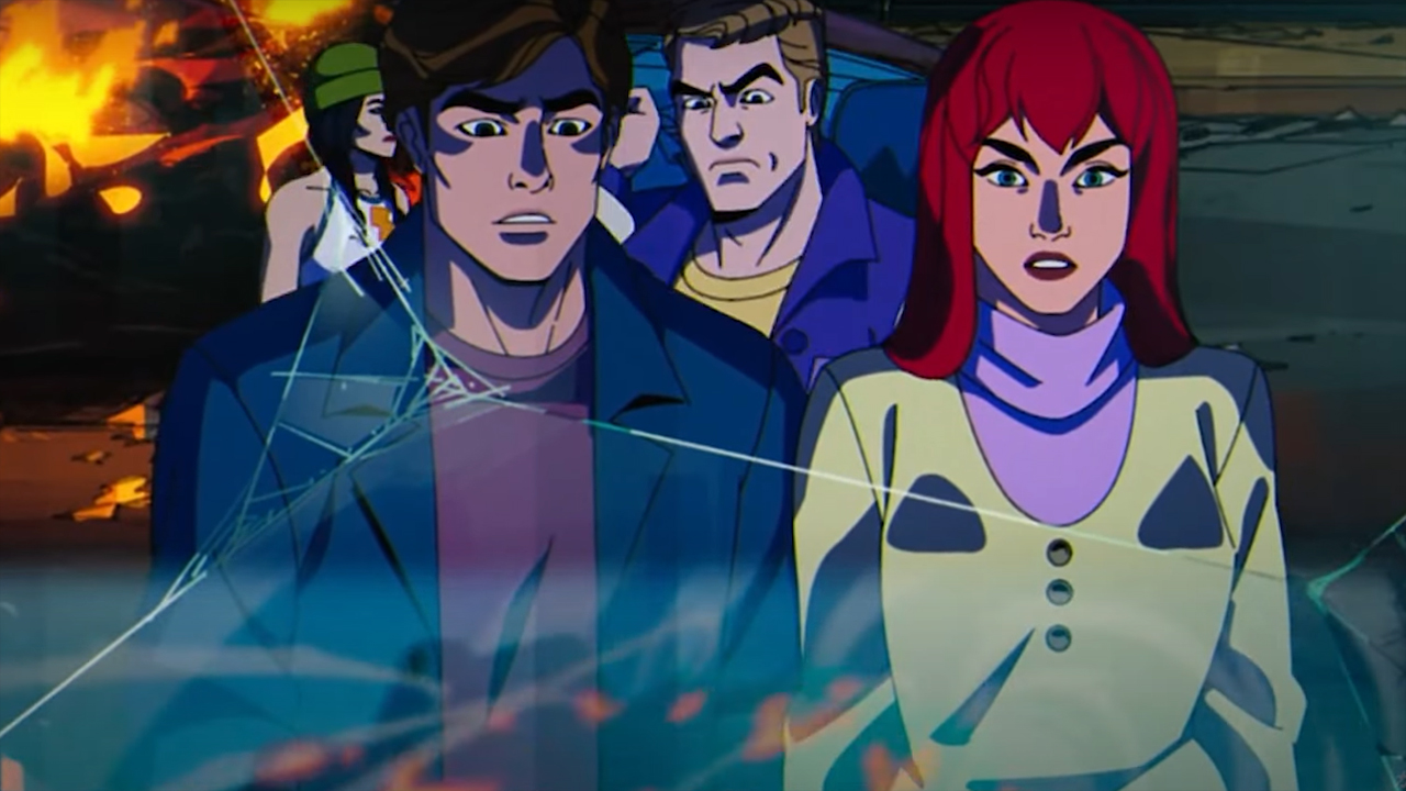 Peter Parker and Mary Jane Watson stare at a TV screen in X-Men 97
