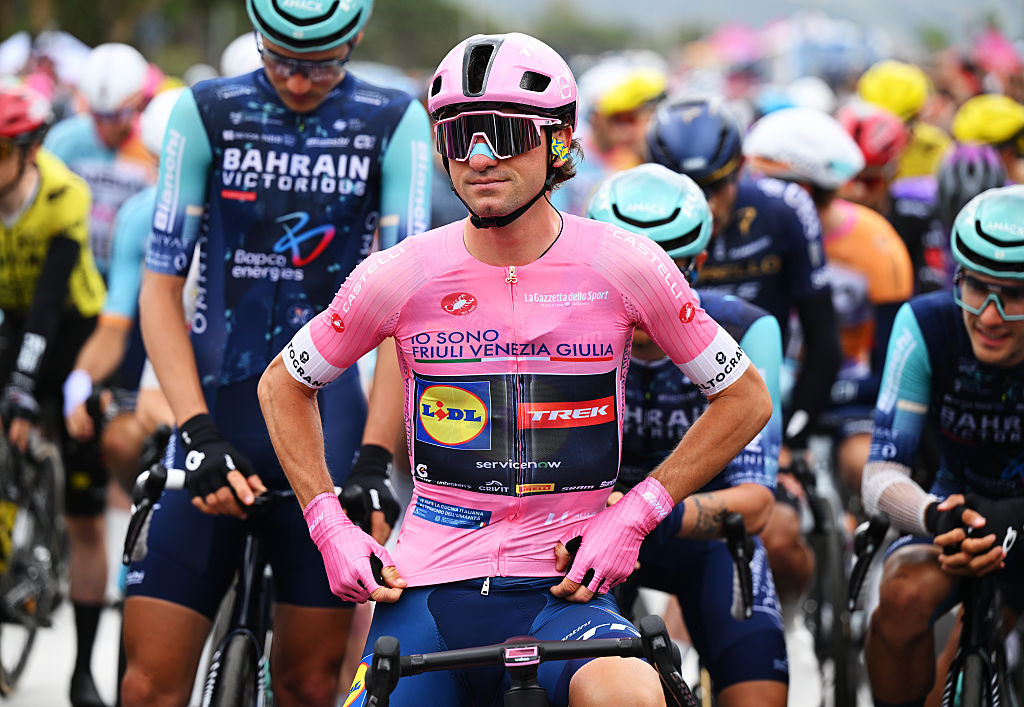 PRAIA-A-MARE, ITALY - MAY 13: Giulio Ciccone of Italy and Team Lidl - Trek - Pink Leader Jersey prior to the 109th Giro d&amp;amp;apos;Italia 2026, Stage 5 a 203km stage from Praia a Mare to Potenza 705m / #UCIWT / on May 13, 2026 in Praia a Mare, Italy. (Photo by Dario Belingheri/Getty Images)