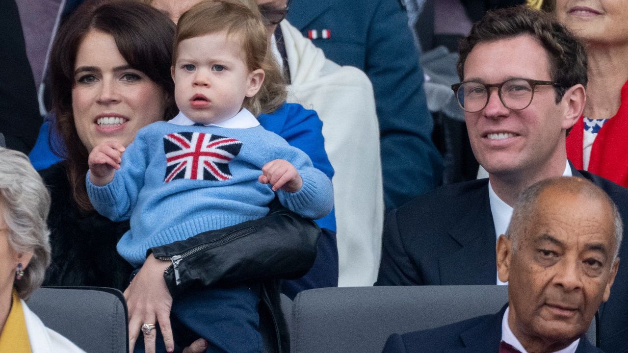 Princess Eugenie and Jack Brooksbank with August Philip Hawke Brooksbank attend the Platinum Pageant on The Mall on June 5, 2022 in London, England. The Platinum Jubilee of Elizabeth II is being celebrated from June 2 to June 5, 2022, in the UK and Commonwealth to mark the 70th anniversary of the accession of Queen Elizabeth II on 6 February 1952.