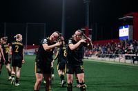 Elisabeth Terland of Manchester United celebrates with teammate Maya Le Tissier during the UWCL 2025/26 match between Atletico de Madrid and Manchester United Women at on February 12, 2026
