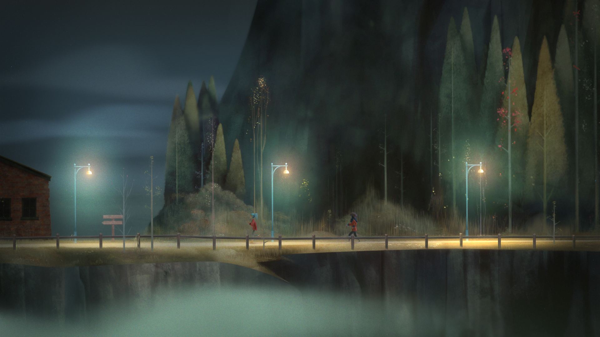 Underrated Switch Games – Oxenfree protagonists Alex and Jonas walking along a forest road lit by street lamps at night