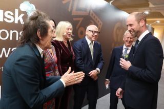 Ronnie Wood, Sally Wood, Kitty Aldrigdge-Knopfler, Mark Knopfler and Prince William, the Prince of Wales, attend the 2024 Tusk Conservation Awards at The Savoy Hotel on November 27, 2024 in London, England