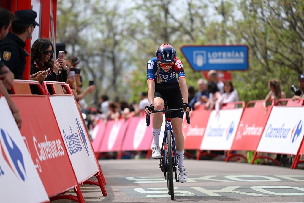 MIRADOR DE PEAS LLANAS SPAIN MAY 05 Evita Muzic of France and Team FDJSuez crosses the finish line during the 9th La Vuelta Femenina 2023 Stage 5 a 1292km stage from La Cabrera to Mirador de Peas Llanas 1479m UCIWWT on May 05 2023 in Mirador de Peas Llanas Spain Photo by Dario BelingheriGetty Images