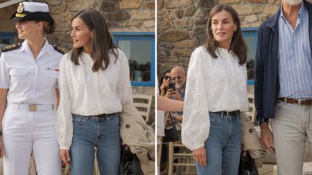 Composite of two pictures of Queen Letizia of Spain wearing a white blouse, blue jeans and carrying a black Mango handbag in Galicia in 2024