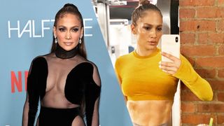 A photo of Jennifer Lopez on the red carpet and a selfie of JLo at the gym
