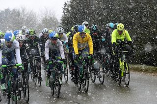 Michael Matthews and the peloton endure snow during stage 1 at Paris-Nice.