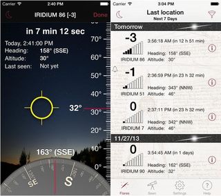The iFlares app for iOS displays a compass and elevation scale on-screen, as well as cursors that guide you to orient the device in the direction in which the flare will occur. A second page displays the upcoming events, including their brightness.