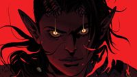 Art of Karlach from Baldur's Gate 3 looking at the camera with smoldering eyes.