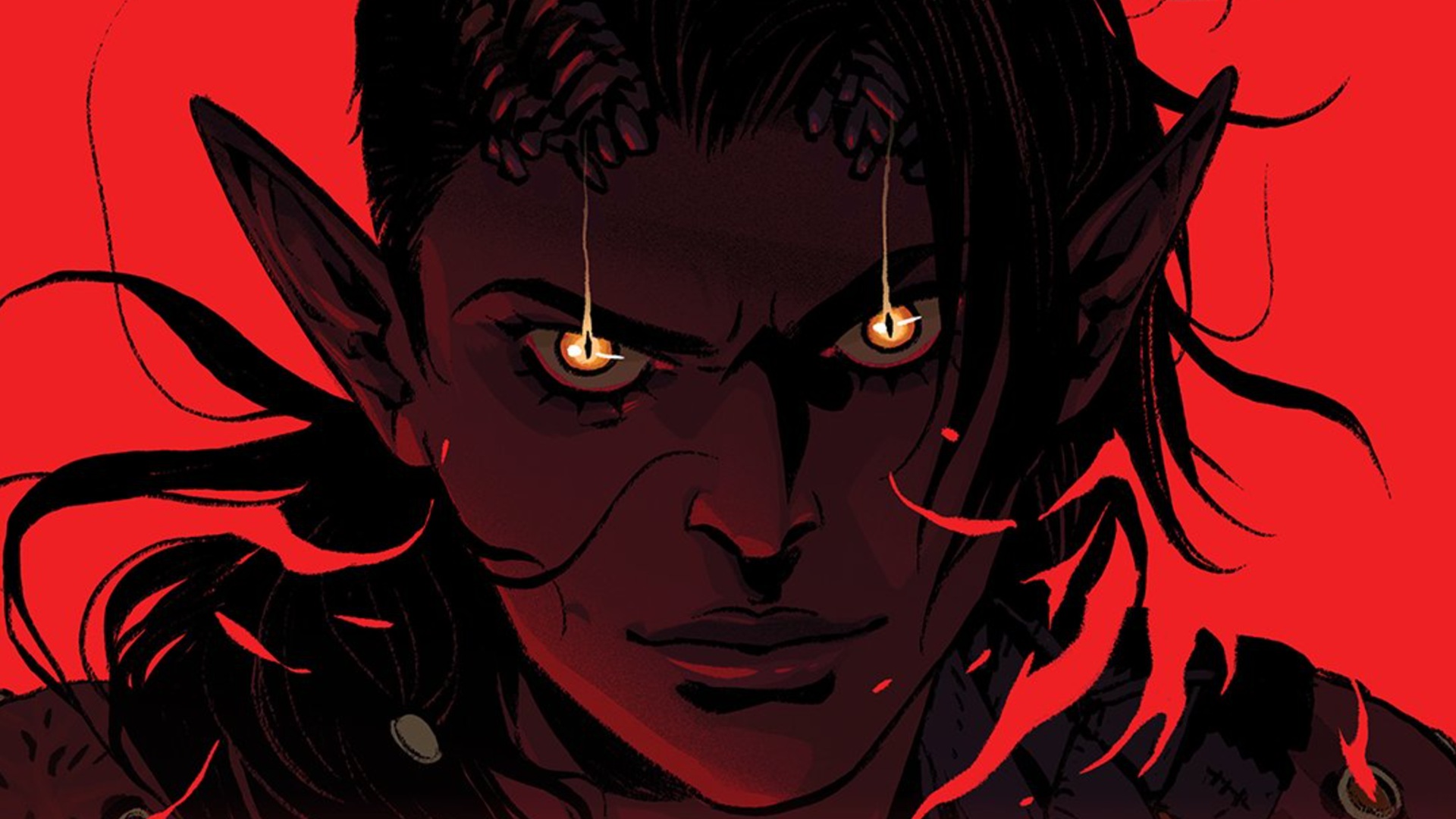 Art of Karlach from Baldur's Gate 3 looking at the camera with smoldering eyes.