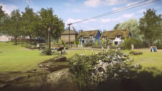 Best video game architecture; a peaceful English countryside cottage scene, the houses have thatched roofs