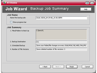 This screen shows backup naming options and a summary of your choices.