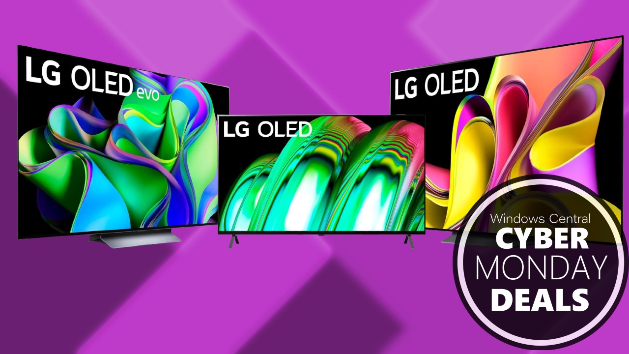 Image of LG OLED TVs on a purple background for Cyber Monday.