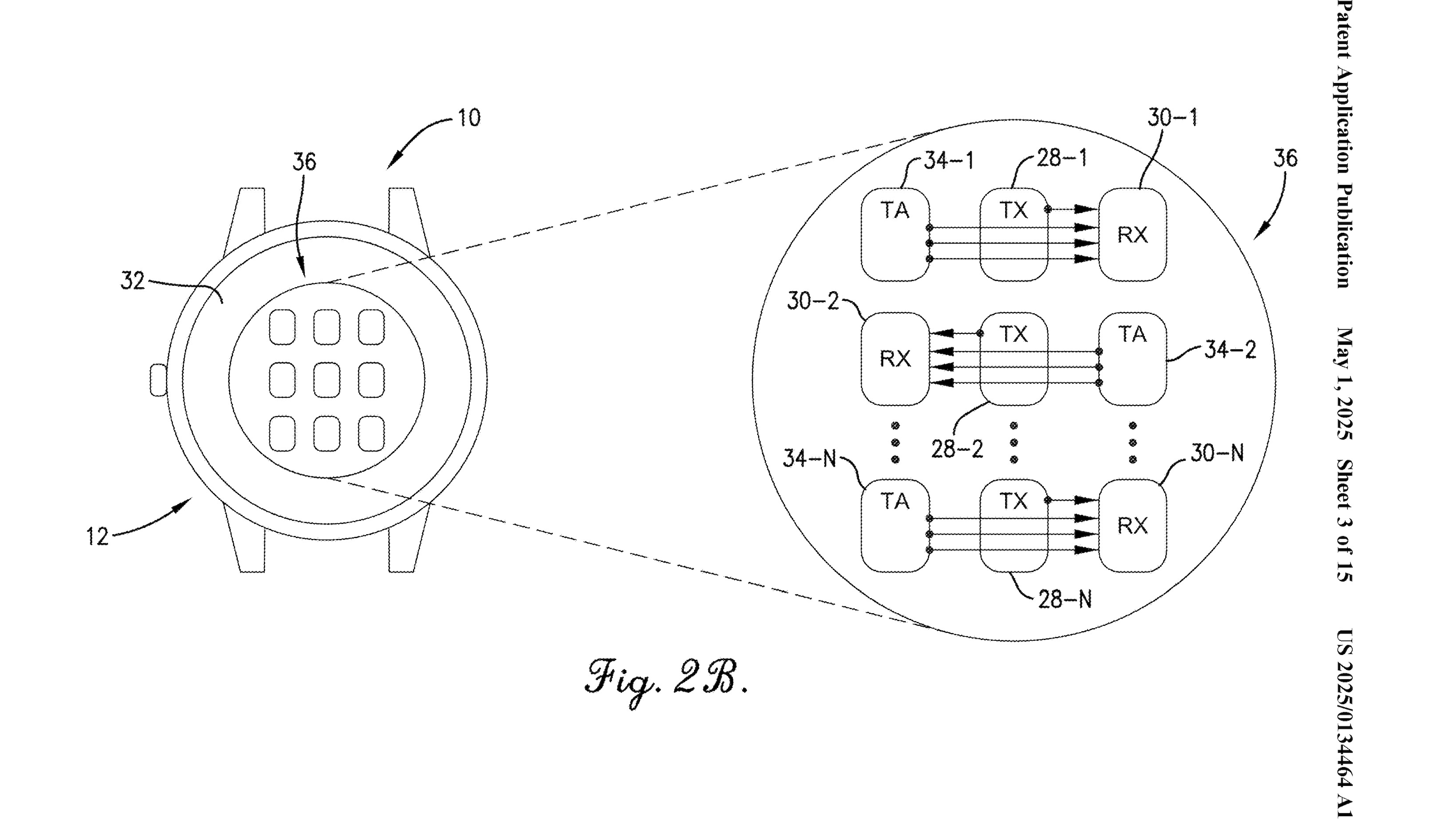 A Garmin patent figure showing the bottom sensors of a Garmin watch, with dotted lines pointing to a zoomed-in look at the sensors with various labeled components.