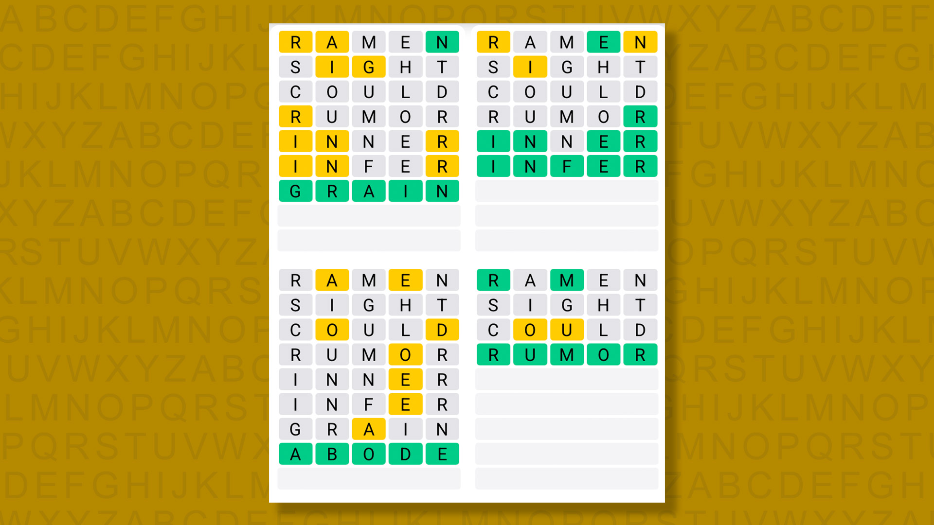 Quordle answers for game 1392 on a yellow background