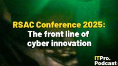 The text "RSAC Conference 2025: The front line of cyber innovation" on an abstract green background with dappled light. The words "RSAC Conference 2025:" are in yellow while the rest are in white. The ITPro Podcast logo is shown in the bottom right corner.