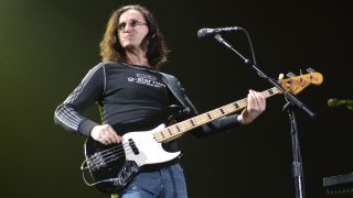 SEPTEMBER 08: WEMBLEY ARENA Photo of Geddy LEE and RUSH, Geddy Lee performing live onstage, playing Fender Jazz Bass guitar