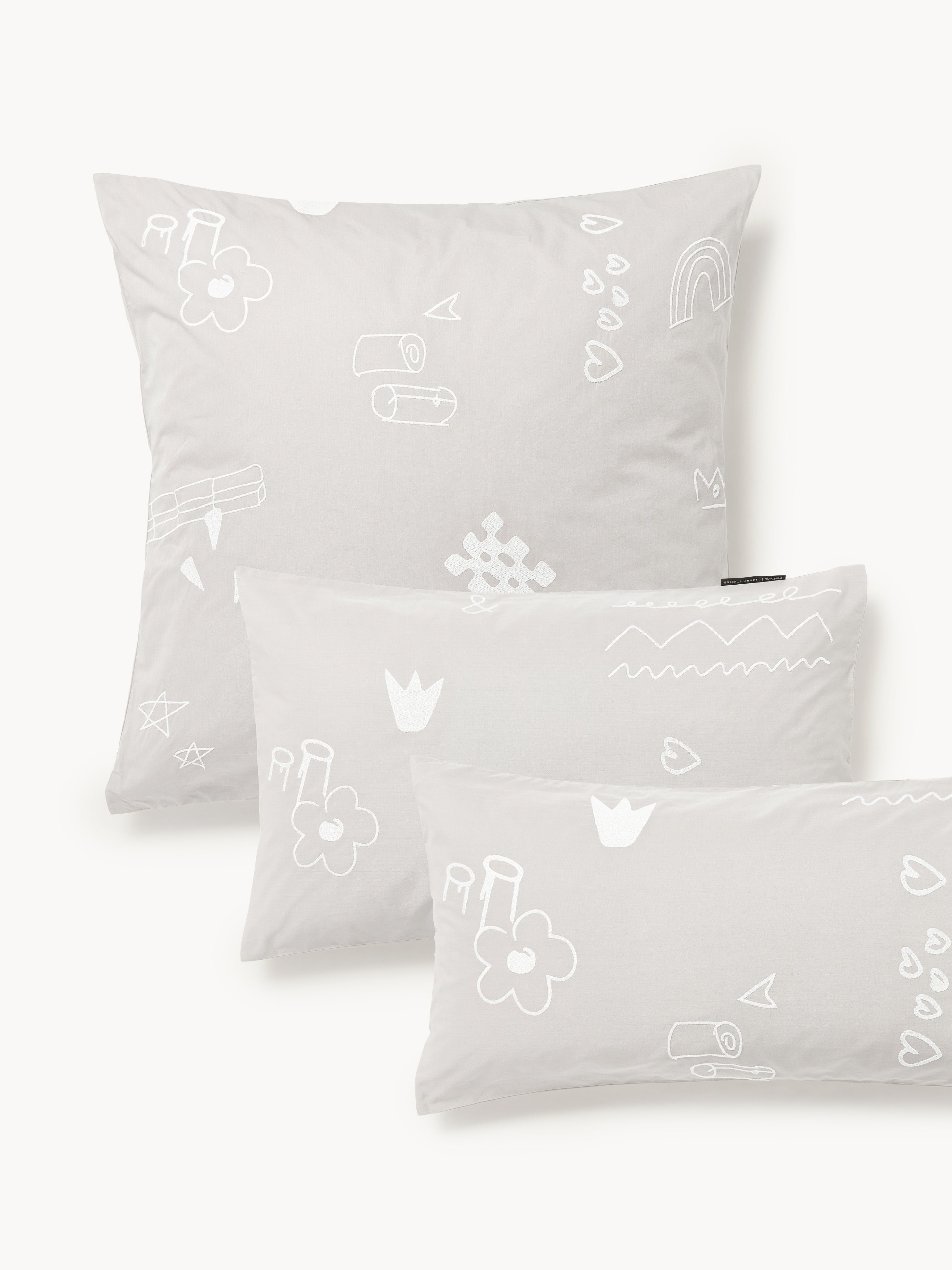 Westwing | Crosby Studios, Cotton Pillowcase Jouy With Embroidered Pattern &amp;ndash; W 40 X L 80 Cm &amp;ndash; Light Grey, White
