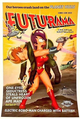 retro poster for "futurama," showing the character leela with the character fry draped unconscious over her shoulder.