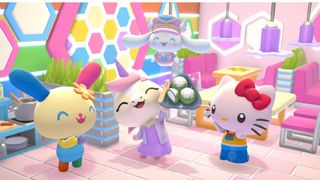 Hello kitty and USAHANA and player in a cafe in Hello Kitty Island Adventure