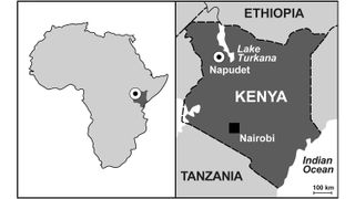 Map of Africa and Kenya, showing the location of Napudet, where Alesi was found.