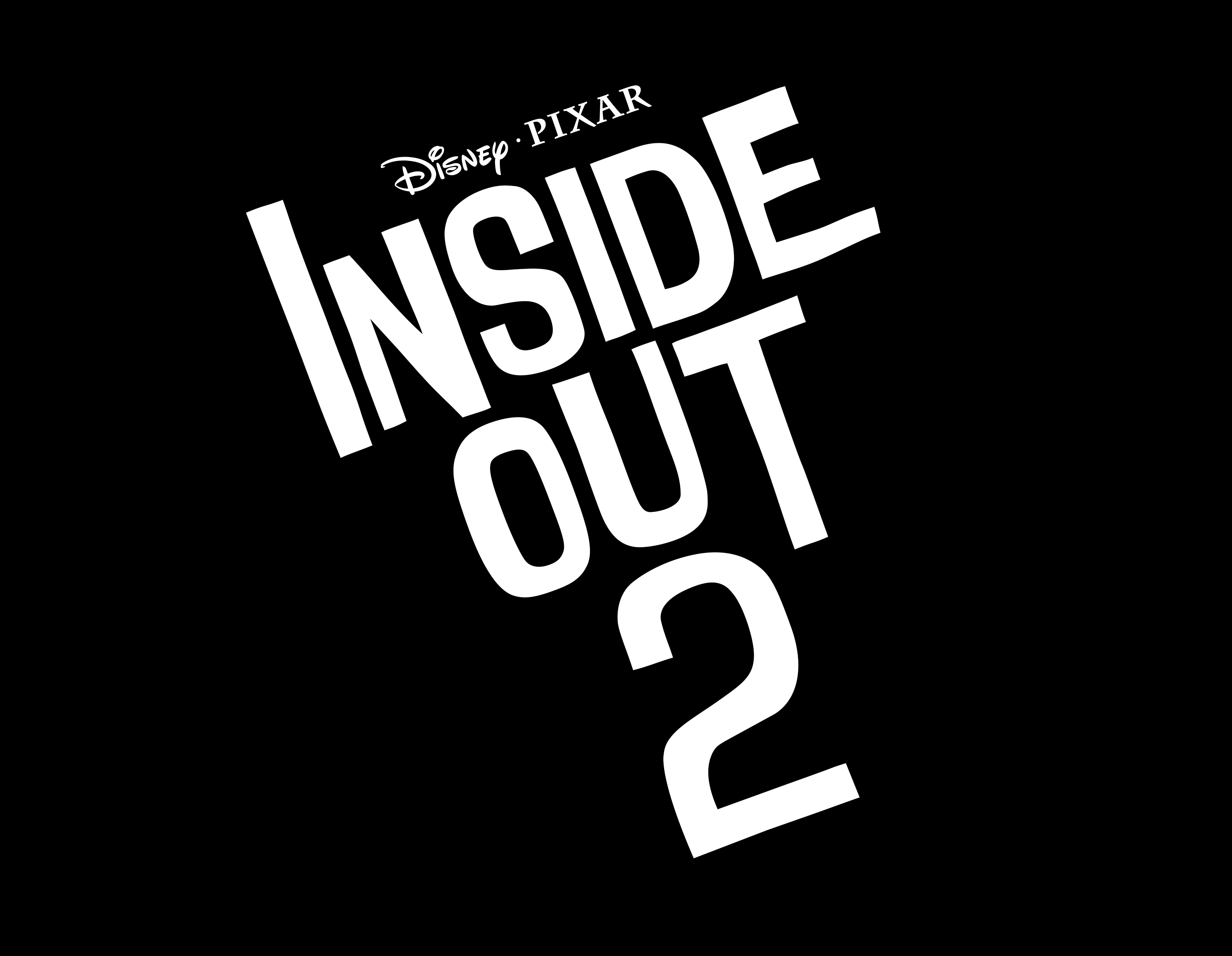 The Inside Out 2 logo is slanted to the left, white text on a black background