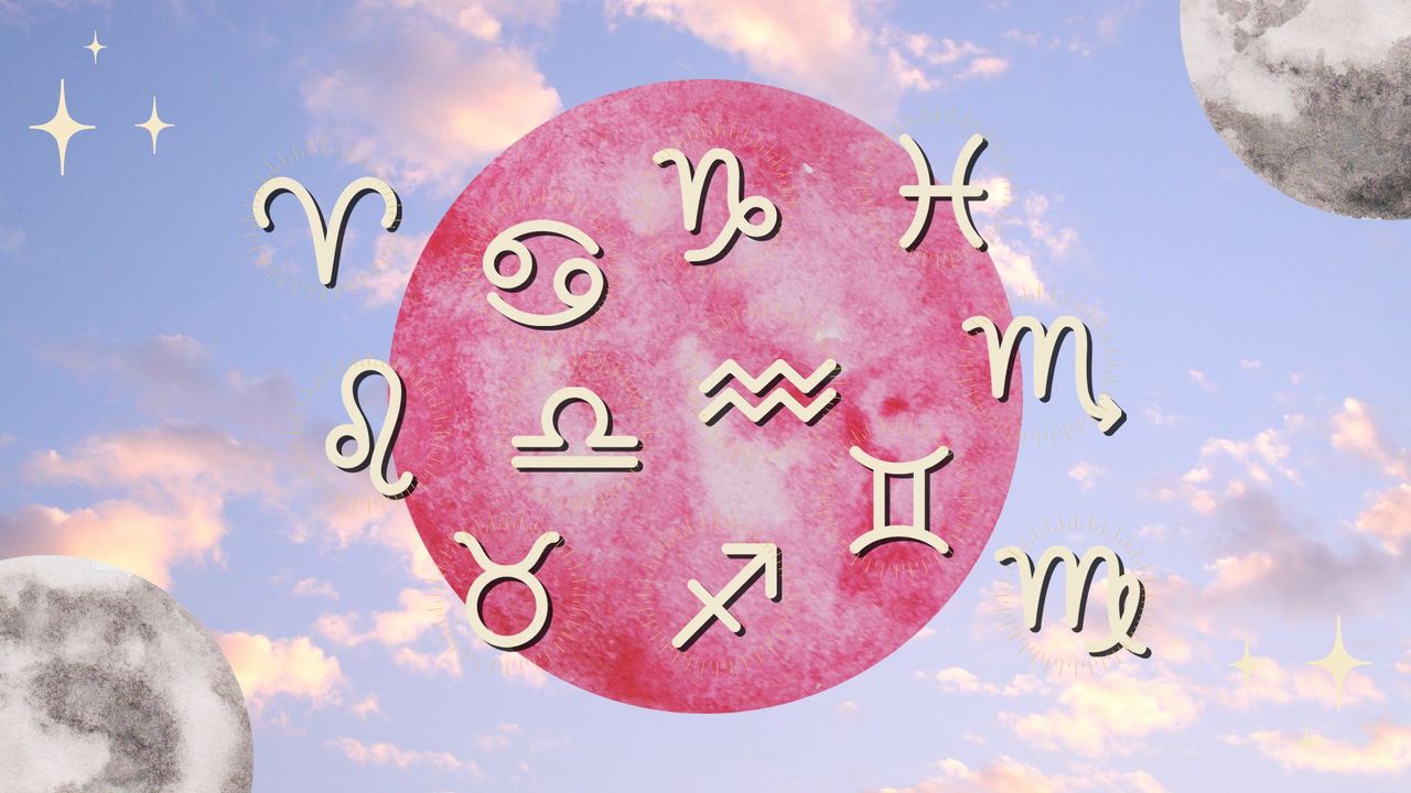 The zodiac signs and the full moon against a background of the cloudy sky