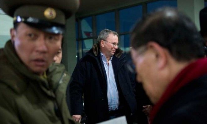 Google&amp;#039;s Eric Schmidt arrives at Pyongyang International Airport in North Korea on Jan. 7.