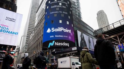 SailPoint logo and branding pictured on signage during the company's initial public offering at the Nasdaq MarketSite in New York, US, on Thursday, Feb. 13, 2025.