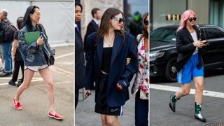 three women wearing athletic shorts to fashion week with oversize jackets
