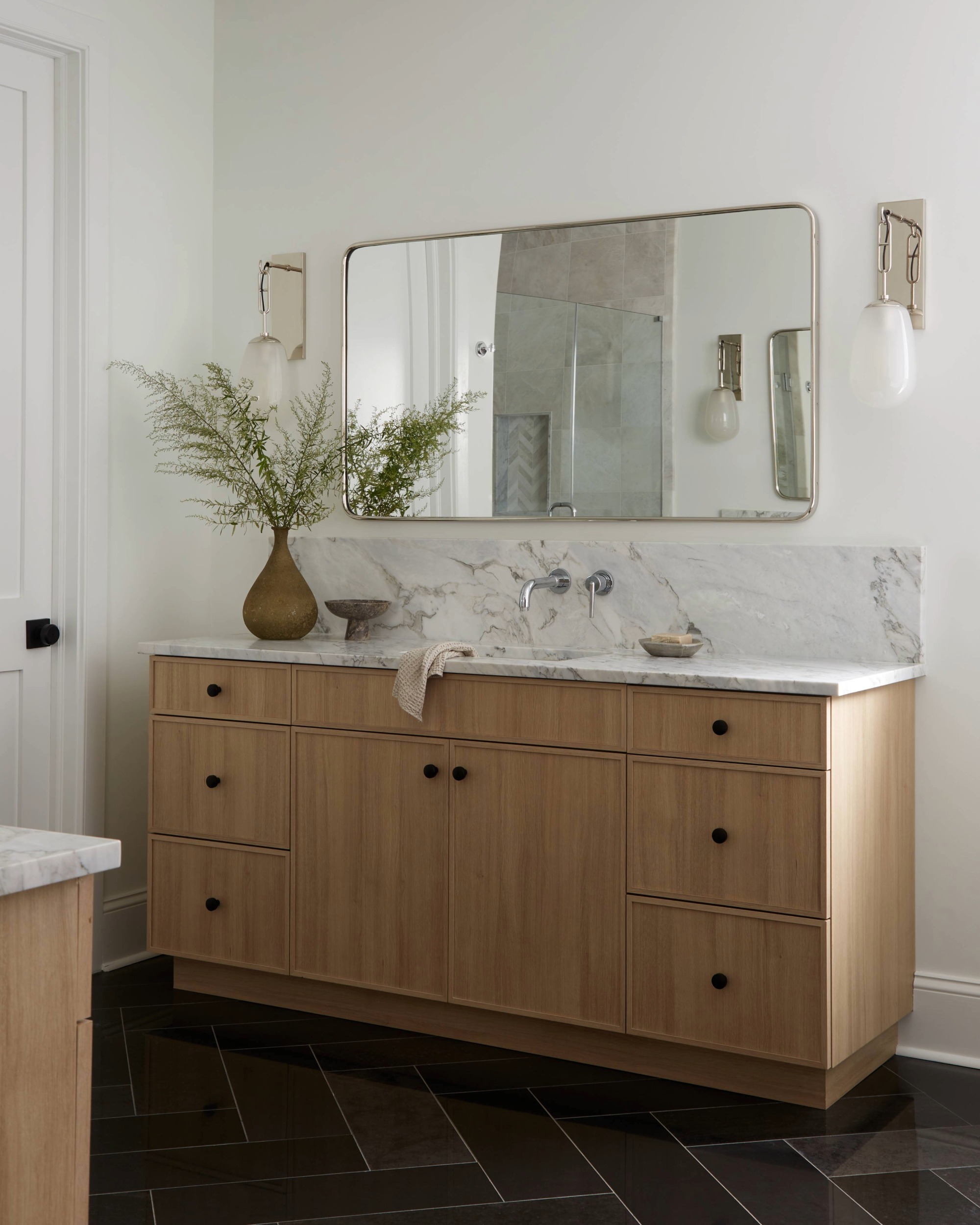 timber bathroom vanity with marble benchtop