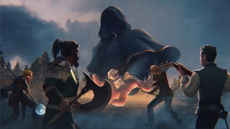 Dungeon Full Dive GM looming above player characters with dice.